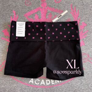 NWT VS PINK All Day Cotton Foldover Bike Shorts Pure Black Print Logo - XL